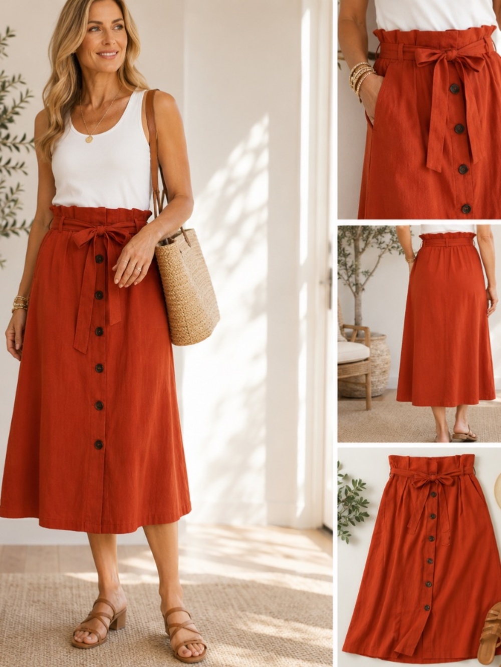Unique21 Rust Paperbag Waist Button Front Midi Skirt | US 8